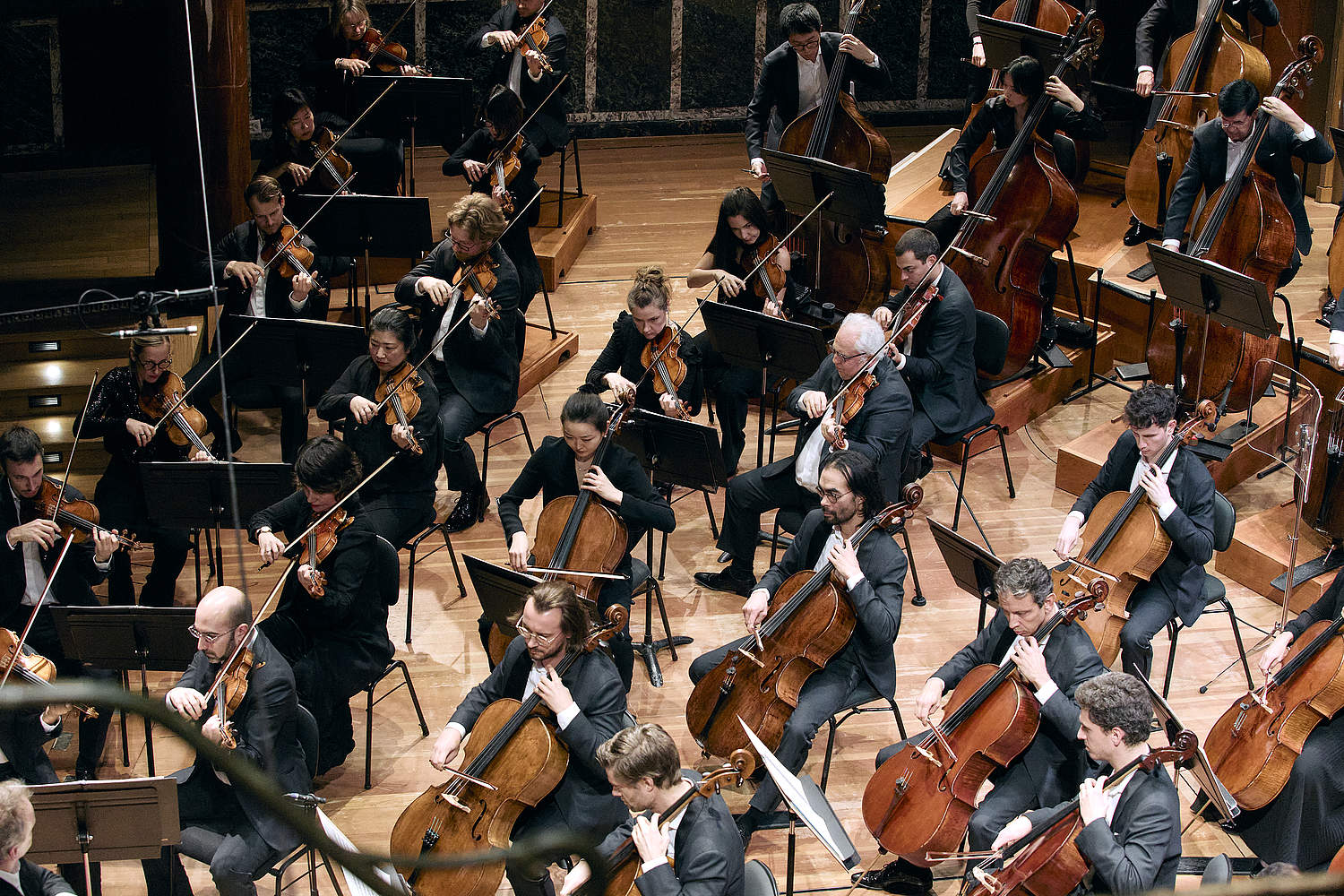 © Dougados Magali Pupitres des premiers violons et violoncelles de l'Orchestre de la Suisse Romande jouant le Sacre du Printemps lors d'un concert au Victoria Hall en février 2025
