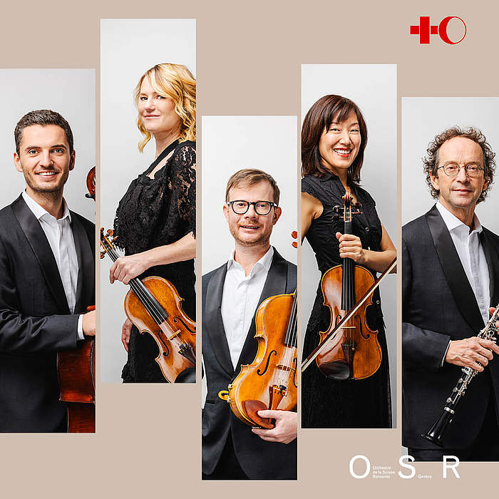 Web poster for the Solidarity Concert at the International Red Cross and Red Crescent Museum, with photos of the five musicians of the Orchestre de la Suisse Romande