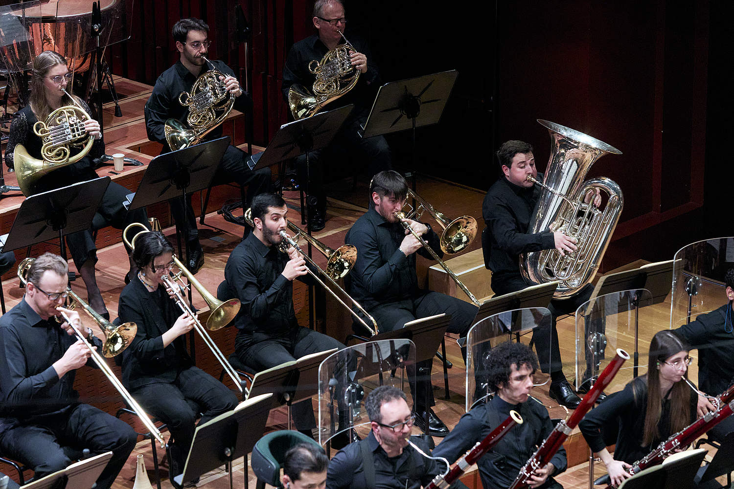 © Dougados Magali Pupitres des trombones et tuba jouant la Symphonie n° 6 de Mahler, sous la direction d'Eva Ollikainen. Concert du 10 décembre avec l'Orchestre de la Suisse Romande et l'orchestre de la Haute école de musique de Genève au Victoria Hall.